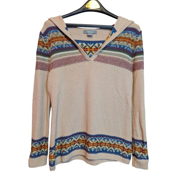 Boho Knit Hooded Fair Isle Sweater Hoodie Tribal Womens Cottage Peasant Women S - Picture 1 of 6